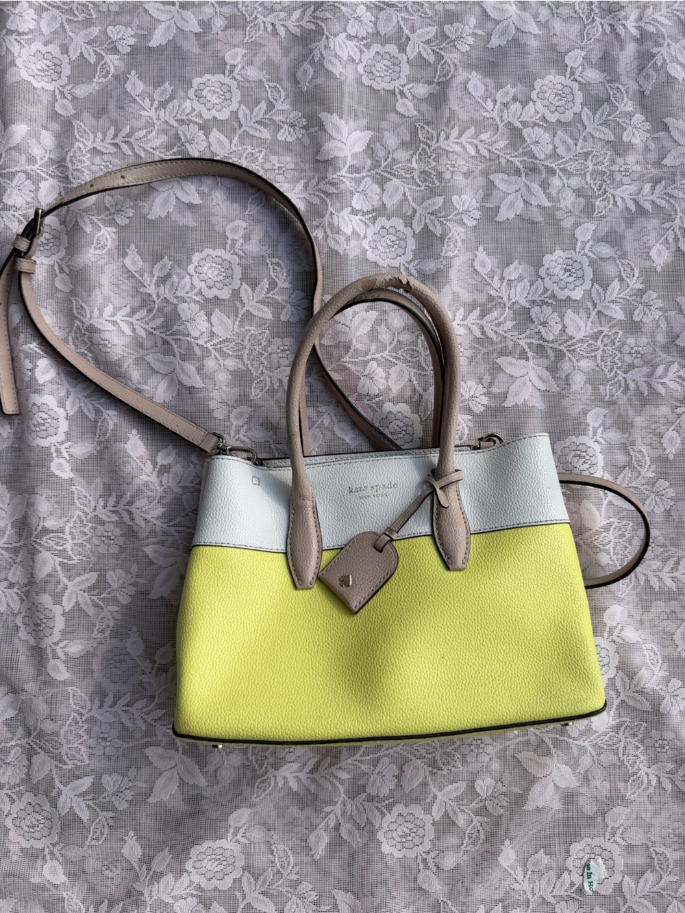 Kate Spade Two-Tone Yellow and White Crossbody Tote with Tan Handles